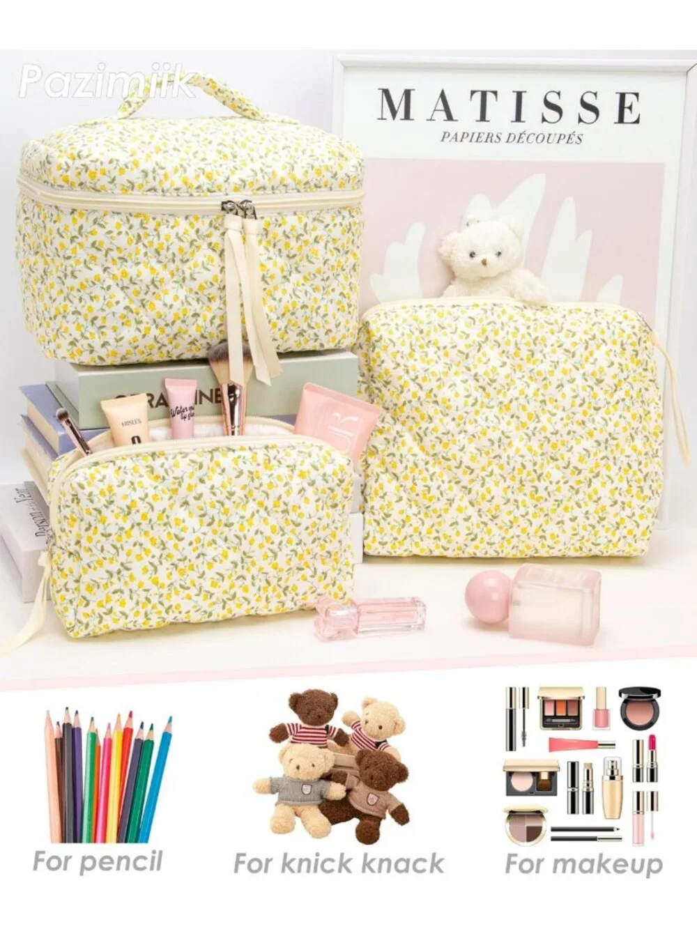 Floral Yellow 3-Piece Quilted Makeup Bag Set for Women | Cosmetic & Toiletry